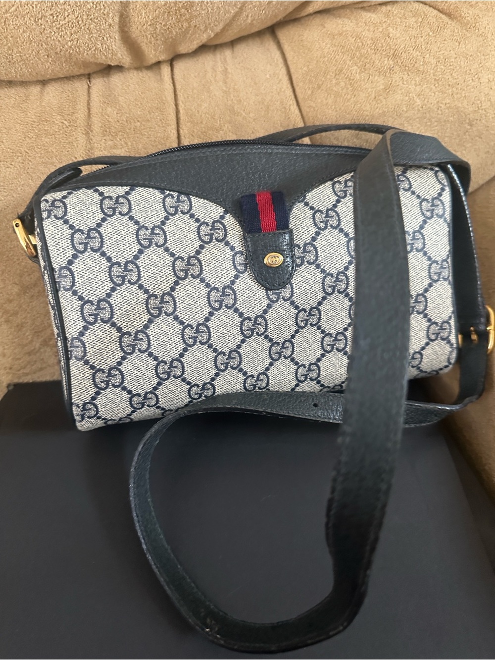 Gucci Navy and Beige GG Supreme Crossbody with Web Accent
